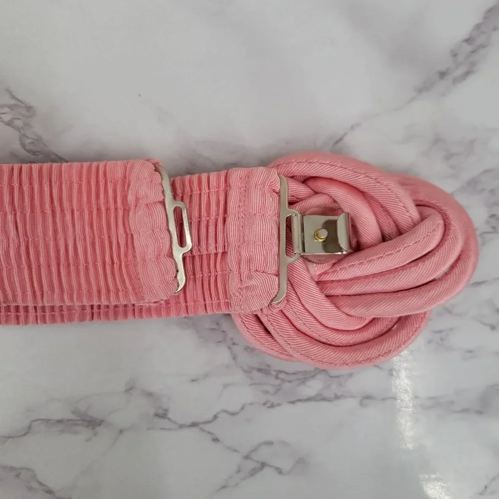 Vintage 80s Baby Pink Celtic Knot Rope Buckle Smocked Fabric Stretch Belt
